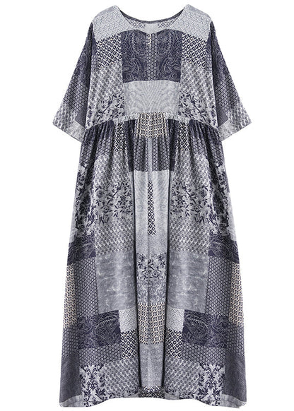 Blue Plaid O-neck Wrinkled Exra Large Hem Dress Half Sleeve
