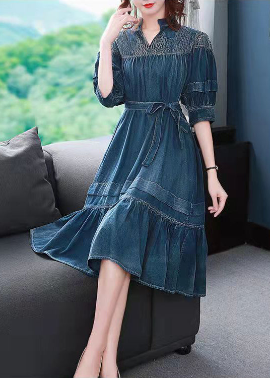 Blue V Neck Embroideried Wrinkled Sashes Holiday Dress Half Sleeve