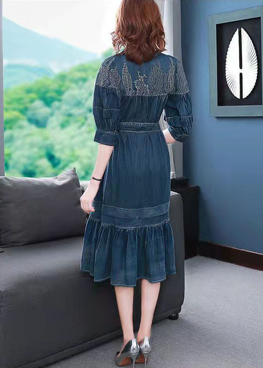 Blue V Neck Embroideried Wrinkled Sashes Holiday Dress Half Sleeve