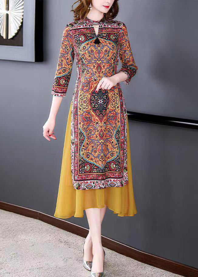 Fitted Yellow Stand Collar Patchwork Print Chiffon Fake Two Piece Dress Summer