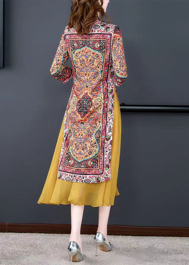 Fitted Yellow Stand Collar Patchwork Print Chiffon Fake Two Piece Dress Summer