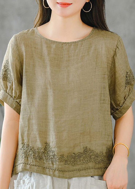Grass Green O-neck Embroideried Ruffled Linen Tops Short Sleeve