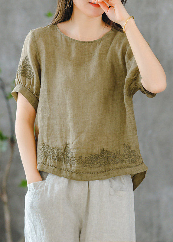 Grass Green O-neck Embroideried Ruffled Linen Tops Short Sleeve
