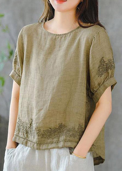 Grass Green O-neck Embroideried Ruffled Linen Tops Short Sleeve