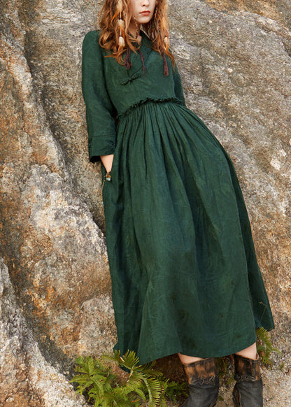 Green Cinched V Neck Ruffled Silk Holiday Dress Long Sleeve