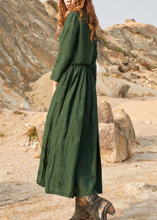 Green Cinched V Neck Ruffled Silk Holiday Dress Long Sleeve