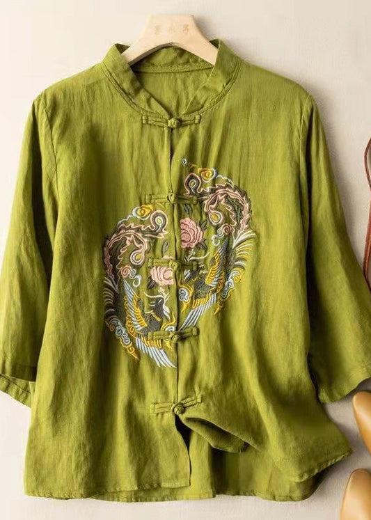 Green Embroideried Linen Shirt Top Half Sleeve