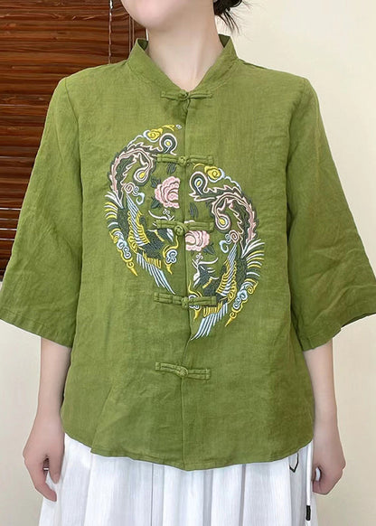 Green Embroideried Linen Shirt Top Half Sleeve