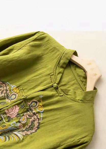 Green Embroideried Linen Shirt Top Half Sleeve