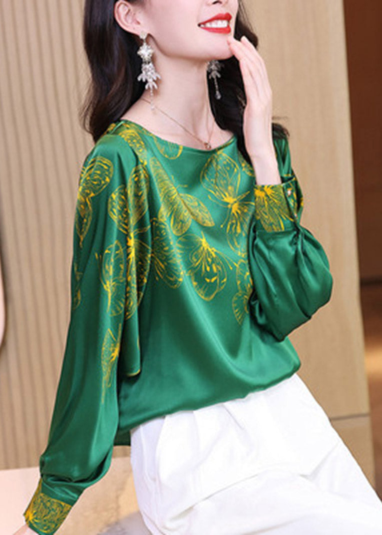 Green O-neck Butterfly Print Silk Tops Long Sleeve