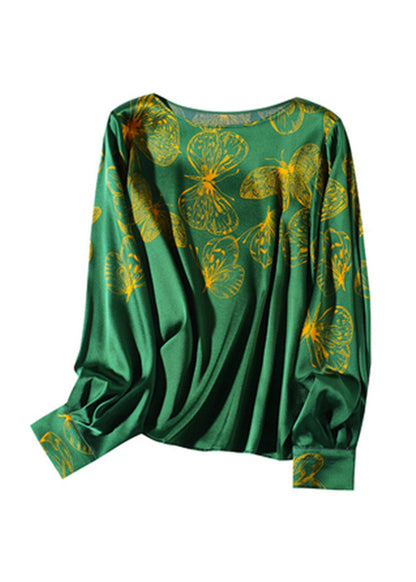 2025 Green O-Neck Butterfly Print Silk Tops Long sleeve