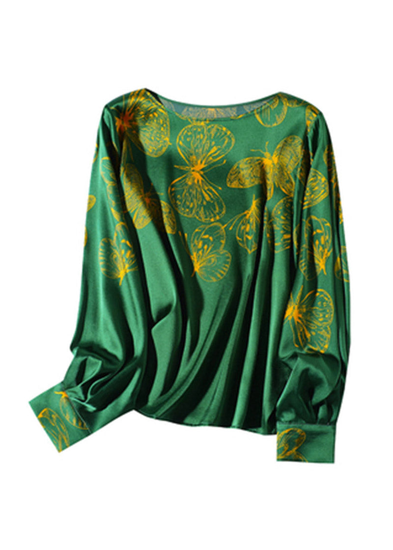 Green O-neck Butterfly Print Silk Tops Long Sleeve