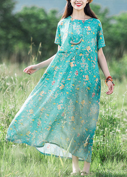 Green O-neck Print Linen Dress Short Sleeve