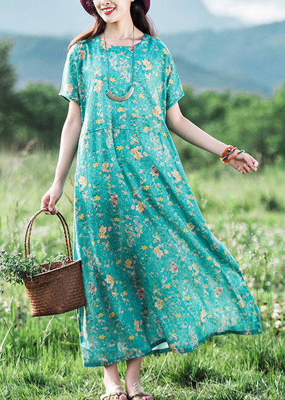 Green O-neck Print Linen Dress Short Sleeve