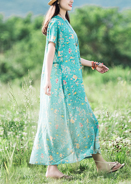 Green O-neck Print Linen Dress Short Sleeve