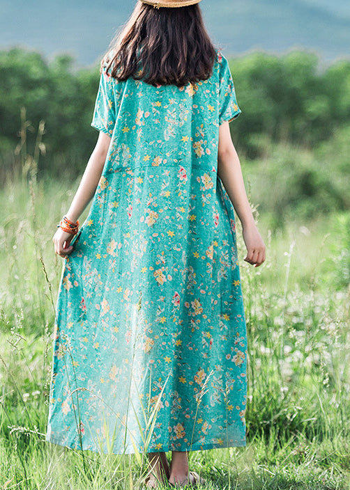 Green O-neck Print Linen Dress Short Sleeve