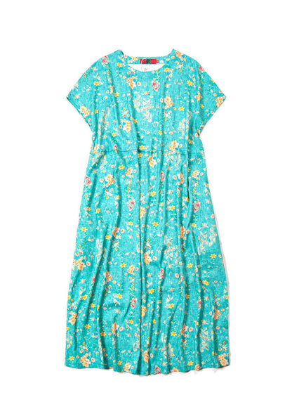 Green O-neck Print Linen Dress Short Sleeve