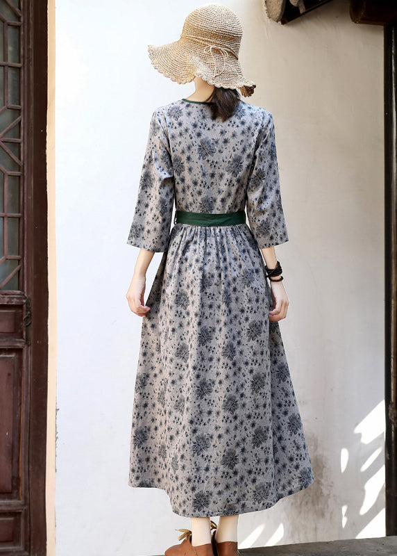 Green Tie Waist Print Linen Long Dress Three Quarter Sleeve