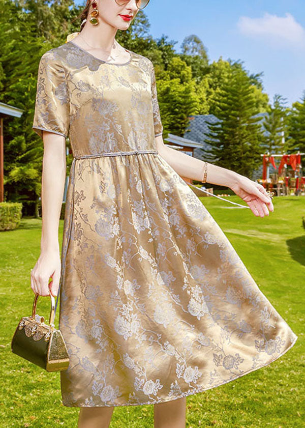 Grey Purple O-neck Jacquard Silk Fitted Dresses Short Sleeve