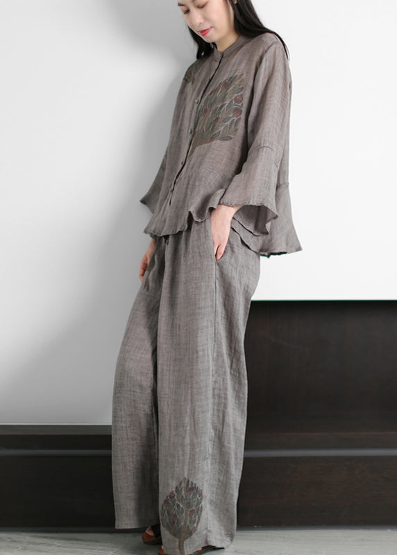 Grey Stand Collar Print Cotton Blend Tops and Wide Leg Pants Two Piece Outfit Flare Sleeve