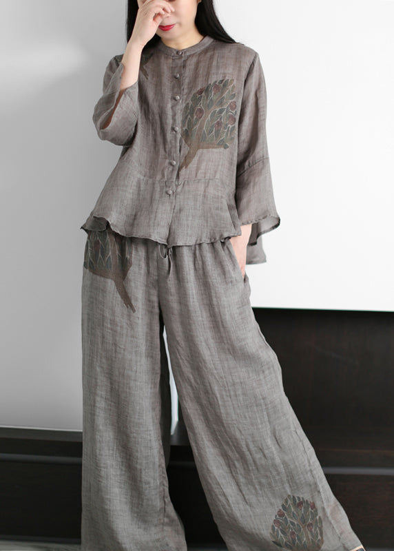 Grey Stand Collar Print Cotton Blend Tops and Wide Leg Pants Two Piece Outfit Flare Sleeve