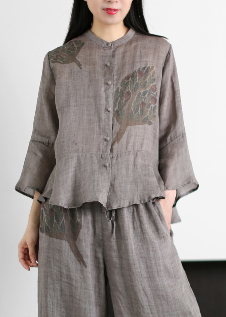 2025 Grey Stand Collar Print cotton blend Tops And Wide Leg Pants Two Piece Outfit flare sleeve