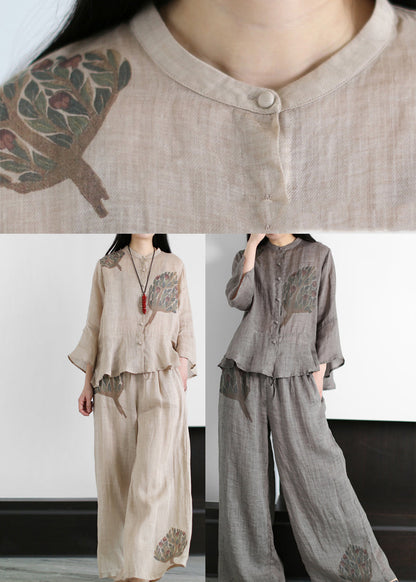 2025 Grey Stand Collar Print cotton blend Tops And Wide Leg Pants Two Piece Outfit flare sleeve
