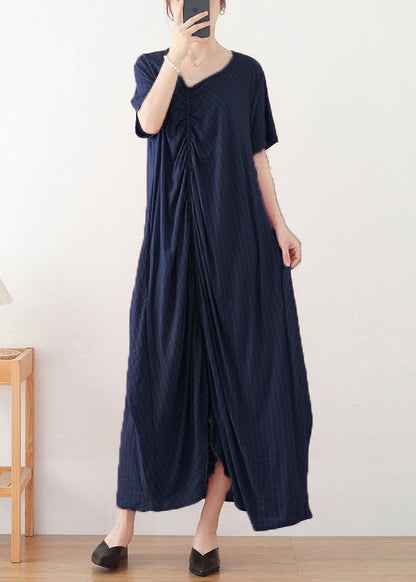Navy Asymmetrical Design Cotton Long Dress Short Sleeve