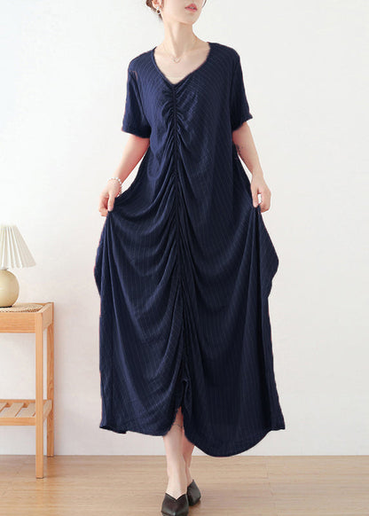 Navy Asymmetrical Design Cotton Long Dress Short Sleeve