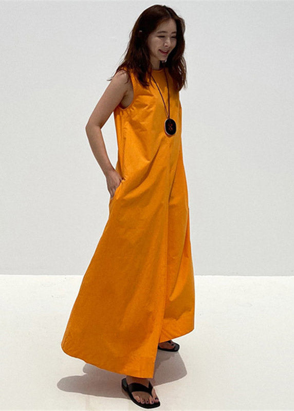 Orange O-neck Asymmetrical Pockets Cotton Long Dresses Sleeveless