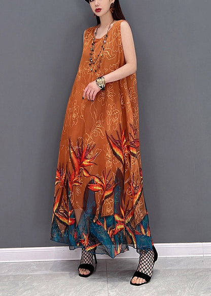 Orange O-neck Chiffon Long Beach Dresses Sleeveless