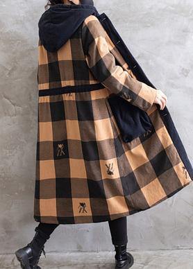 Oversize Coats Yellow Plaid Hooded Drawstring Parkas Coats