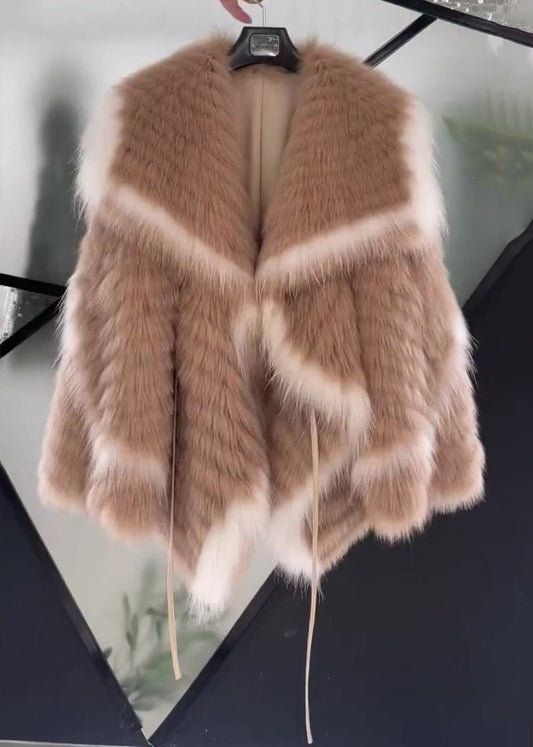 Top Quality Pink Peter Pan Collar Lace Up Fuzzy Fur Coats Long Sleeve