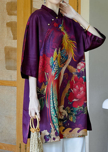 Purple Mandarin Collar Side Open Print Silk Dresses Bracelet Sleeve