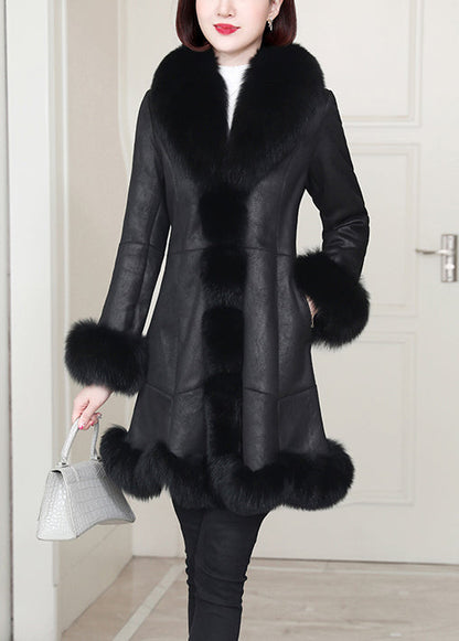 Top Quality Purple Rabbit Hair Collar Pockets Leather and Fur Coats Winter