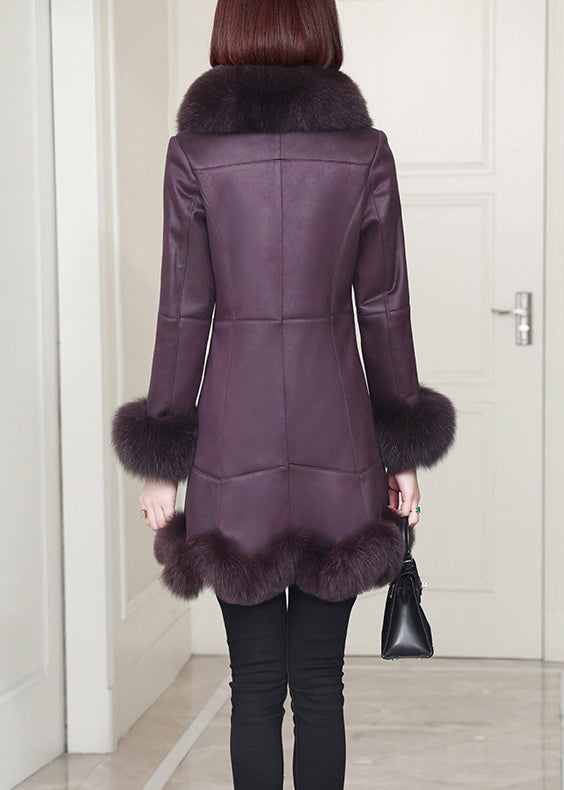 Top Quality Purple Rabbit Hair Collar Pockets Leather and Fur Coats Winter