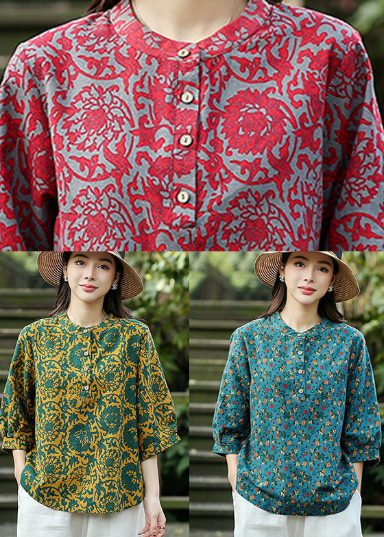 Red O-neck Jacquard Linen Blouse Tops Bracelet Sleeve
