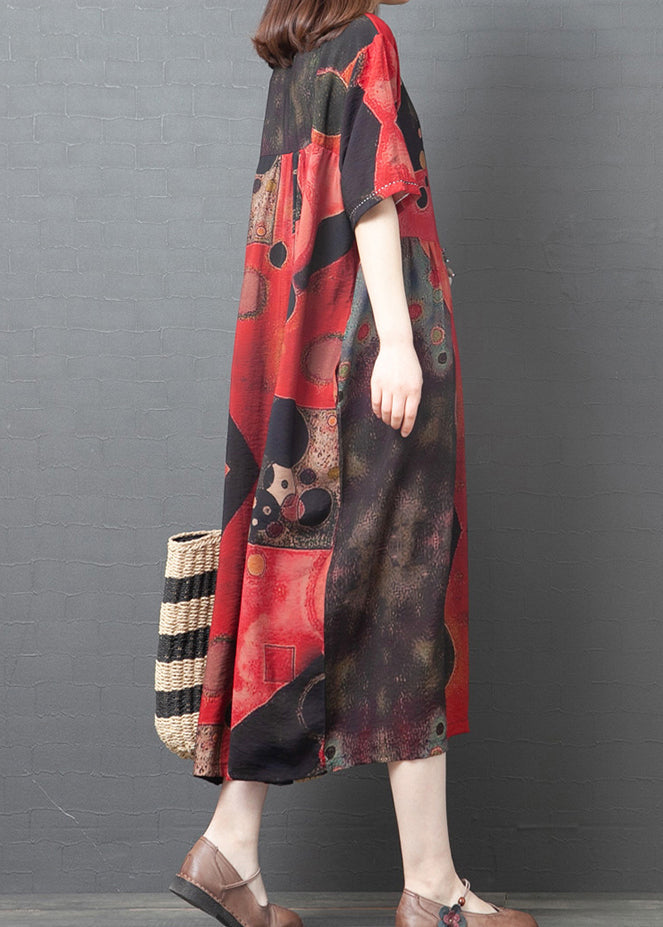 Red O-neck Print Cotton Beach Dress Short Sleeve