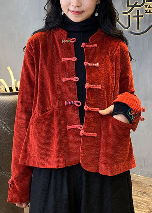 Red Button O-neck Pockets Corduroy Coats Spring