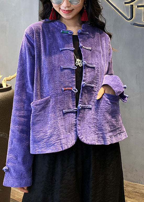 Red Button O-neck Pockets Corduroy Coats Spring