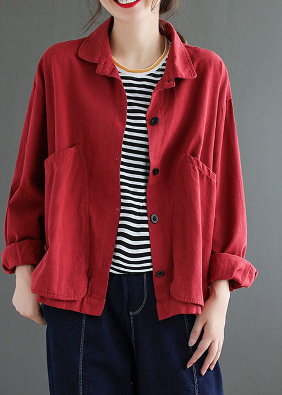 Red Button Peter Pan Collar Coats Long Sleeve