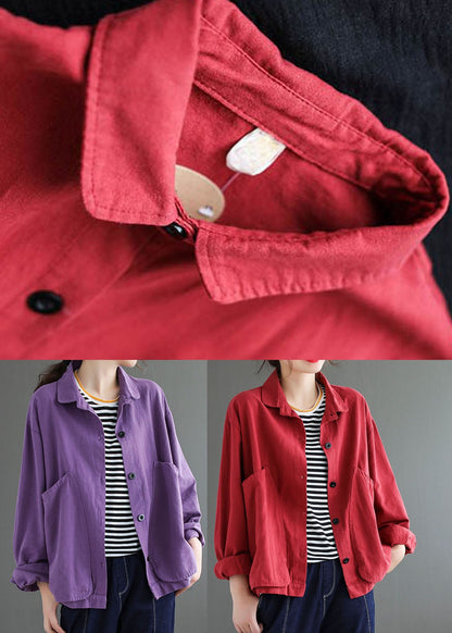 Red Button Peter Pan Collar Coats Long Sleeve