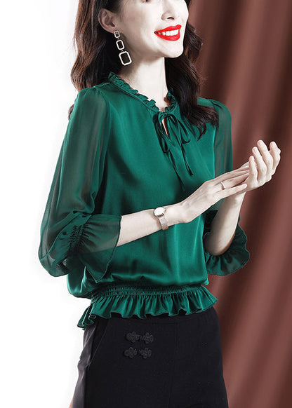 2025 Solid Green Ruffled elastic waist Chiffon Top Long Sleeve