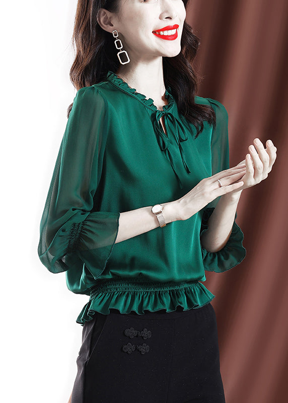 Green Ruffled Elastic Waist Chiffon Top Long Sleeve