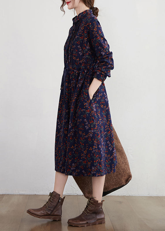 Tibetan Blue Stand Collar Drawstring Print Dress Long Sleeve