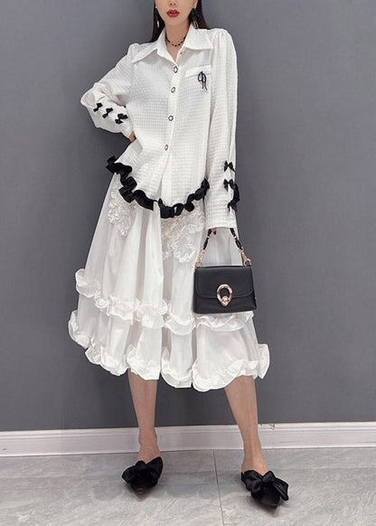 2025 White Embroideried Ruffled Tulle Patchwork Chiffon Dress Two Pieces Set Spring