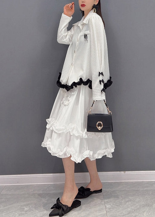 White Embroideried Ruffled Tulle Patchwork Chiffon Dress Two Pieces Set Spring