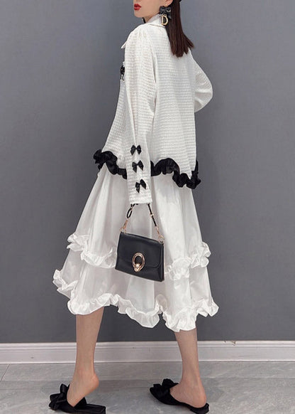 2025 White Embroideried Ruffled Tulle Patchwork Chiffon Dress Two Pieces Set Spring