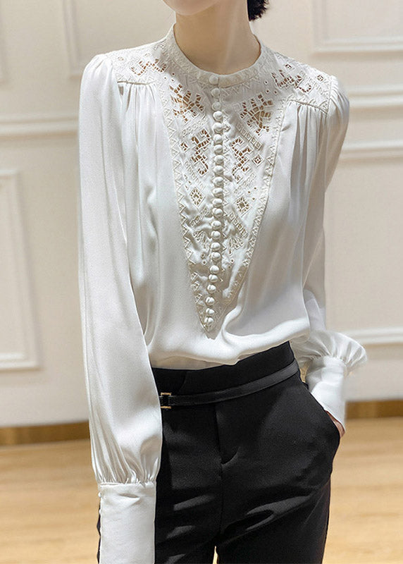 White O-neck Embroideried Silk Shirt Long Sleeve