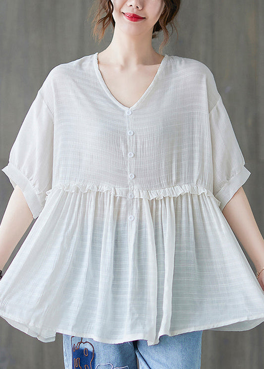 White V Neck Ruffled Tank Tops Short Sleeve